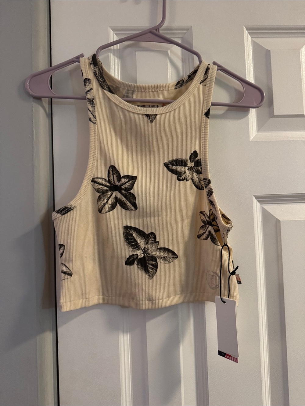 Cream Floral Ribbed Crop Tank Top